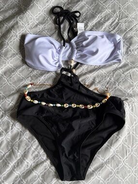 Cupshe Two-Tone White and Black Cutout One-Piece Swimsuit
